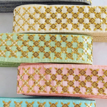 Beige Art Silk Fabric Trim With Gold Embroidery and Gold Sequins, Approx. 55mm Wide - 210119L166